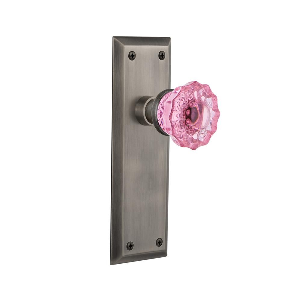 Nostalgic Warehouse NYKCRP Colored Crystal New York Plate Passage Crystal Pink Glass Door Knob in Antique Pewter